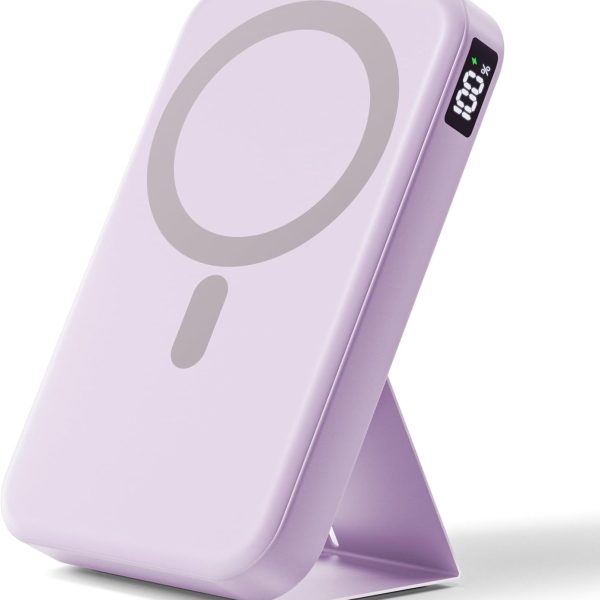 Magnetic Power Bank, 10000mAh Wireless Portable Charger with 20W USB C Fast Charging, Foldable Stand & LED Display Battery Pack, Compatible with iPhone 16/15/14/13/12, Light Purple