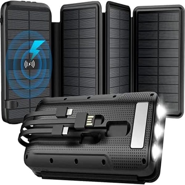 Solar Charger, Power Bank, Portable Charger,43800mAh 3 0 Fast Charger Qi 10W Wireless Charger 4 Solar Panel Built in 2 Kinds Output Cable and 680Lumen flashlights