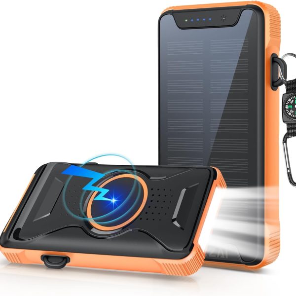 Solar Power Bank, Real Rated 10,000mAh Portable Wireless Fast Charger USB C PD 20W, External Battery Pack with LED Flashlight for Outdoor, Camping  Orange