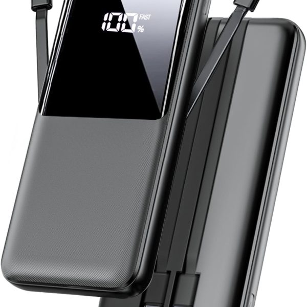 Portable Charger Power Bank   15000mAh Fast Charging Powerbank Battery Pack with Built in USB C(22 5W) and iOS(20W) Output Cable Compatible with iPhone Android Samsung etc (1 Pack, Black)