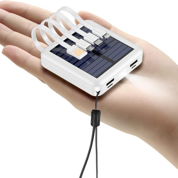 Solar Power Bank 12000mAh,ll Solar Charger Built in 4 Cables,USB C Input/Output,Dual Flashlight External Battery Portable Charger Power Bank for iPhone,Tablet,Samsung