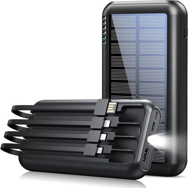 Power Bank Solar Portable Charger 40000mAh Power Bank Large Capacity Built in 3 Output and 1 Input Cables and Flashlight 5V3 1A Fast Charger Compatible with All rt Phones and Devices