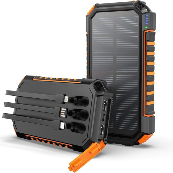 Power Bank Solar Charger 27000mAh Built in 3 Cables Five Outputs 15W Fast Charging Power Bank for All Mobile Devices Solar Portable Charger with Dual Flashlights