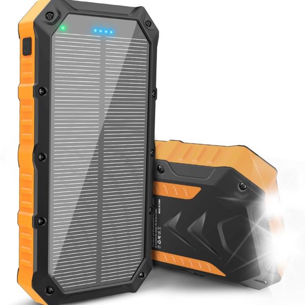42800mAh Solar Phone Charger with 4 USB Ports/LED Flashlight Fast Charge USB C External Backup Battery Pack Compatible with iPhone Tablet, for Outdoor, Camping