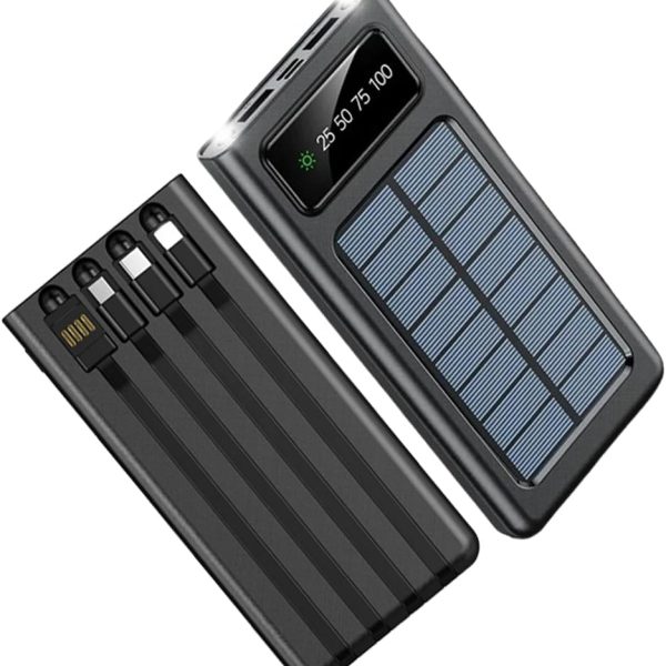 Power Bank Solar Charger 20000mAh Portable Charger,Solar Power Bank,Camping External Backup Battery Pack,Fast Solar Panel Charger with Dual Flashlight and 4 USB Cables (Black)