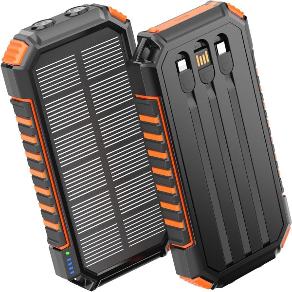 Solar Power Bank Portable Charger 27000mAh Built in 3 Cables Solar Phone Charger   15W PD  3 0 Fast Charging Outdoor Battery Pack for iPhone Android, Dual Flashlight (Orange)