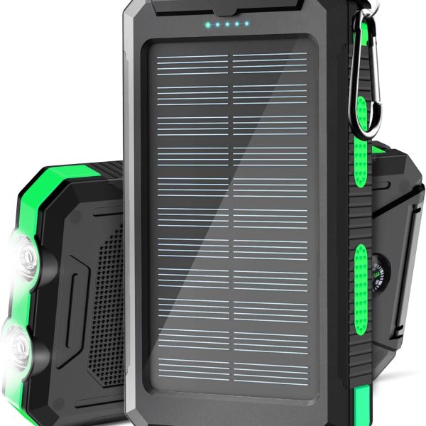 Solar Charger Power Bank   Portable Solar Phone Charger with LED Flashlight, IP65 Waterproof External Battery Pack Perfect for Outdoor Activities (Green)