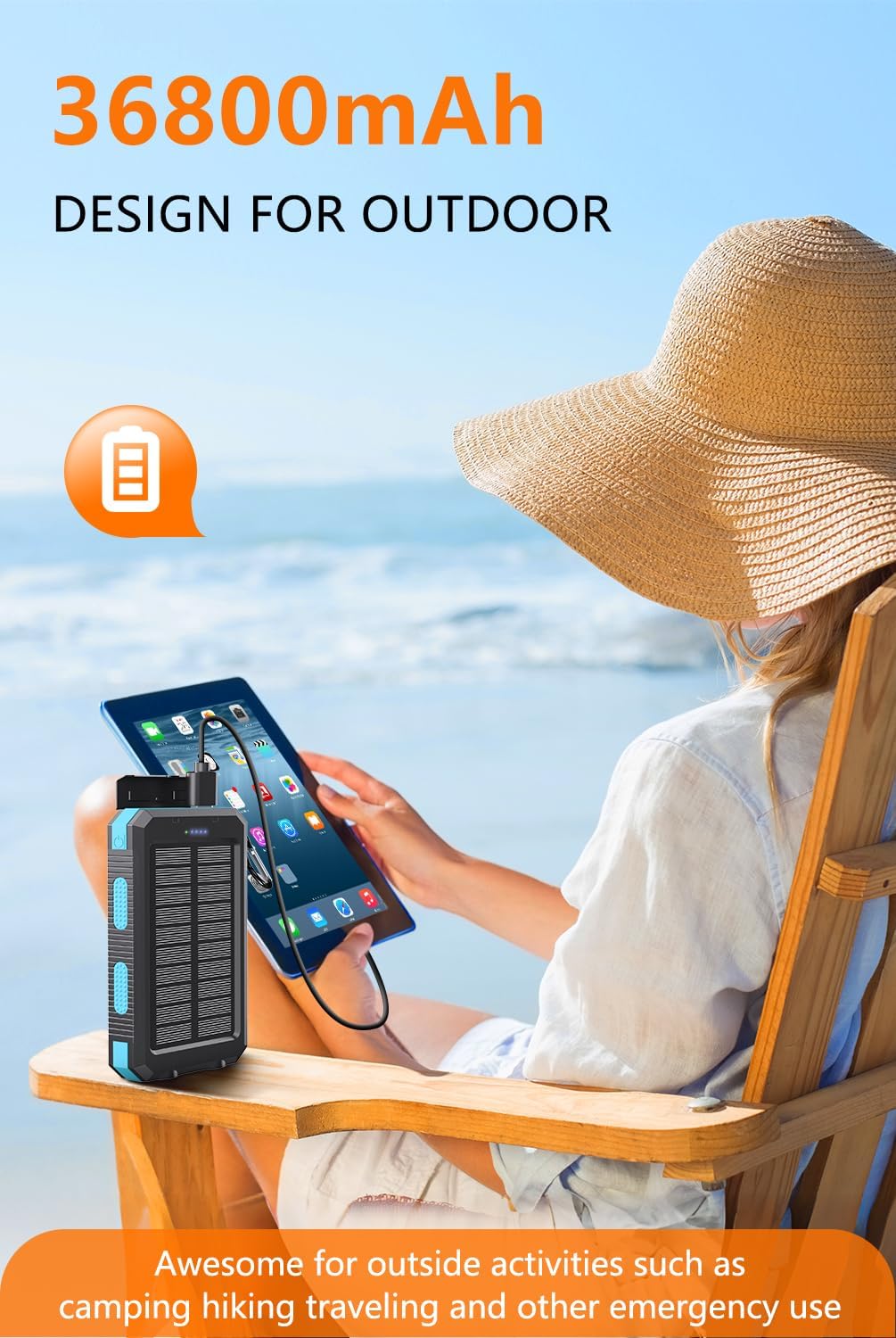 Solar Charger Power Bank 36800mAh Type C 5V3 1A Fast Charging Power Bank Equipped with a Powerful Flashlight, Compass, IP65 Outdoor Waterproof Portable Power Bank (Blue) Image 2