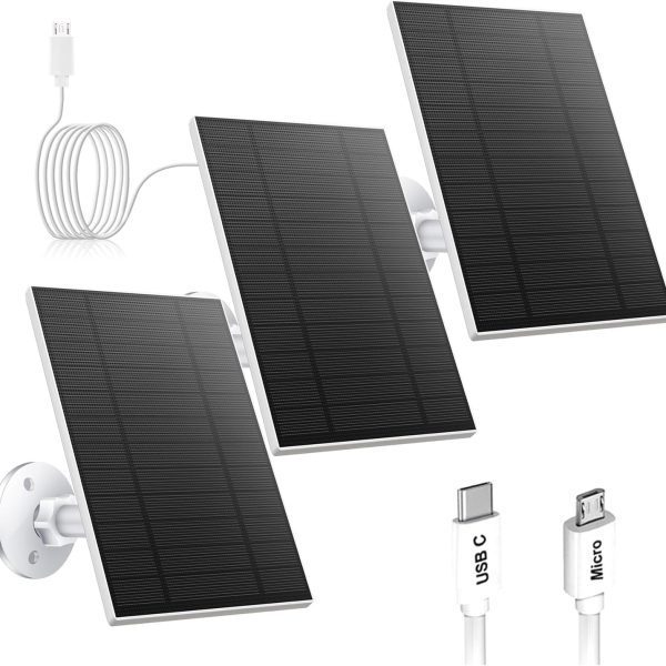 3PC 5W Solar Panel for Security Camera, Solar Panel with USB & USB C Port for DC 5V Outdoor Rechargeable Battery Camera, IP65 Waterproof, 360° Adjustable Security Mount, 9 8ft Cable