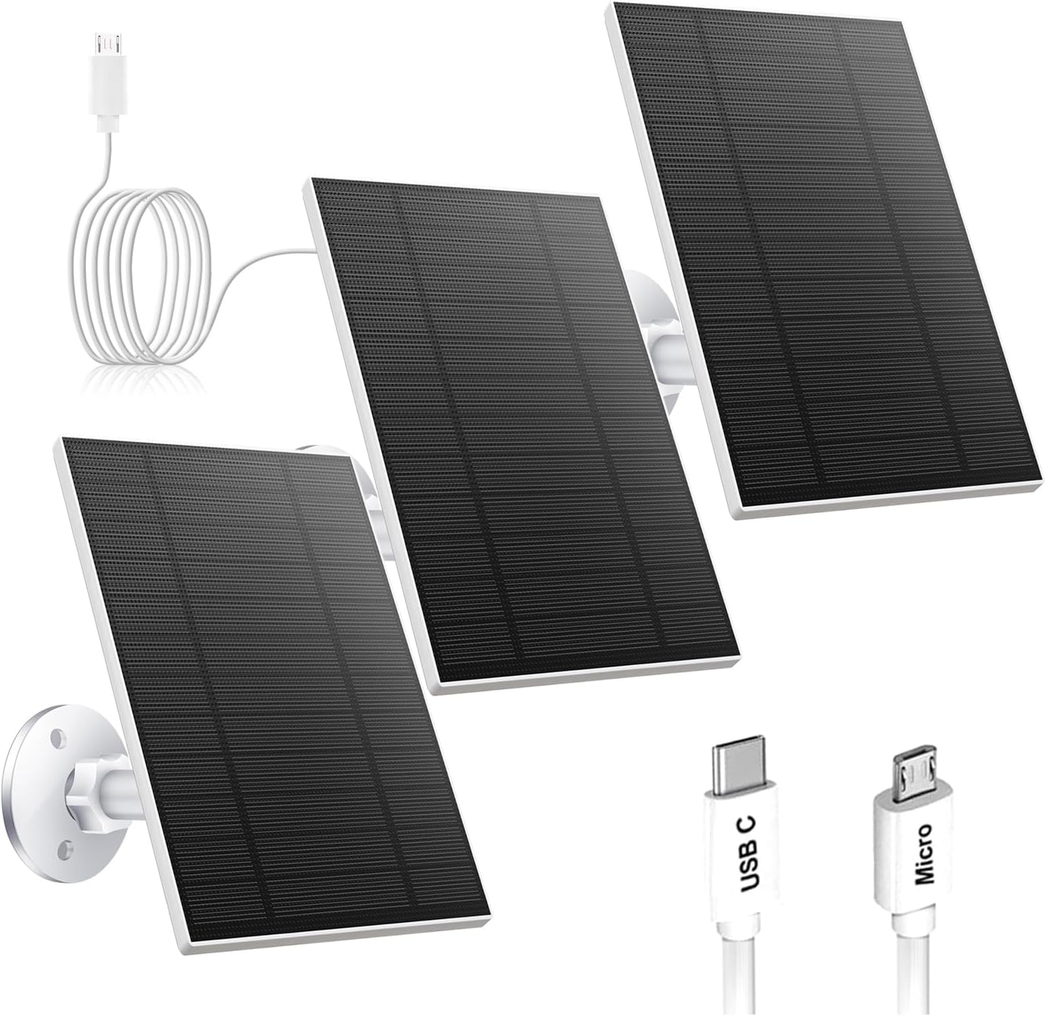 3PC 5W Solar Panel for Security Camera, Solar Panel with USB & USB C Port for DC 5V Outdoor Rechargeable Battery Camera, IP65 Waterproof, 360° Adjustable Security Mount, 9 8ft Cable