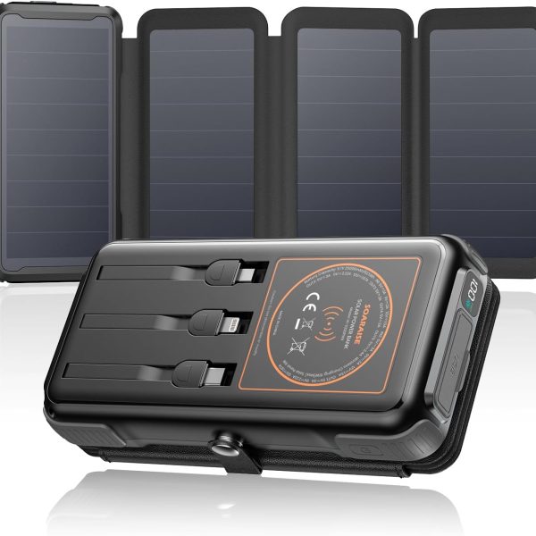 Wireless Solar Power Bank, 25000mAh Solar Charger with Built in 3 Cables, Dual Outputs, 4 Folding Panels & 3 LED Flashlights, Portable Phone Charger for Outdoor Camping（Black）