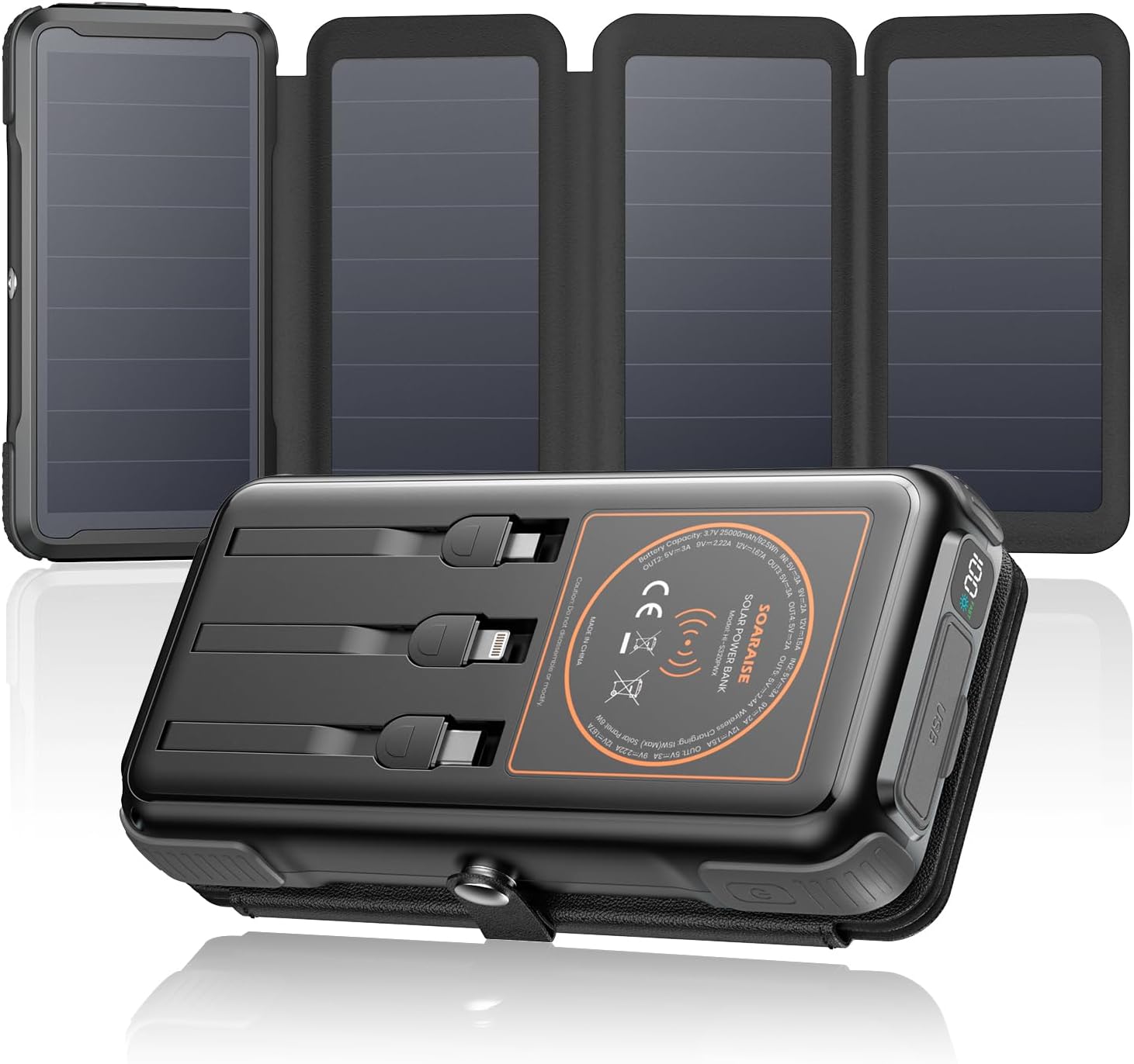Wireless Solar Power Bank, 25000mAh Solar Charger with Built in 3 Cables, Dual Outputs, 4 Folding Panels & 3 LED Flashlights, Portable Phone Charger for Outdoor Camping(Black)