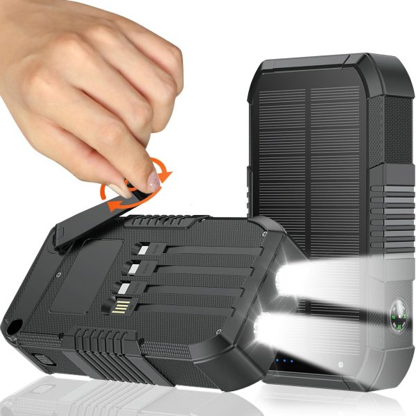 Solar Power Bank 66800mAh Built in Hand Crank and 4 Cables 22 5W Fast Charge Power Bank 5 Outputs & 3 Inputs Solar Portable Charger, Compass/SOS/Strobe/Strong Flashlights, Carabiner，Black