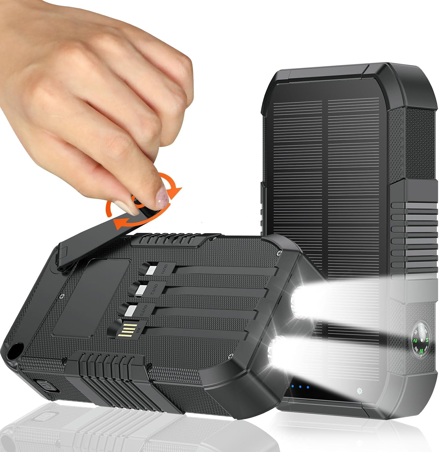 Solar Power Bank 66800mAh Built in Hand Crank and 4 Cables 22 5W Fast Charge Power Bank 5 Outputs & 3 Inputs Solar Portable Charger, Compass/SOS/Strobe/Strong Flashlights, Carabiner,Black