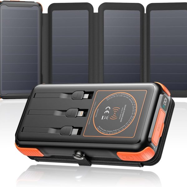 Solar Charger 25000mAh Wireless Portable Charger, 20W Fast Charging Power Bank with Built in 3 Cables, PD  3 0 Phone Battery Pack with 4 Solar Panels & Flashlights for Camping