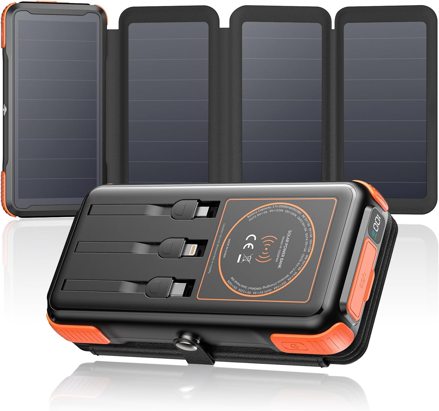 Solar Charger 25000mAh Wireless Portable Charger, 20W Fast Charging Power Bank with Built in 3 Cables, PD 3 0 Phone Battery Pack with 4 Solar Panels & Flashlights for Camping