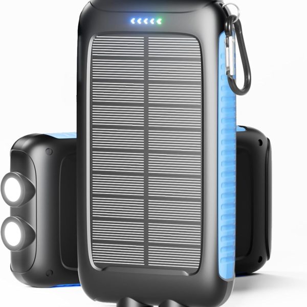 Solar Charger, 20000mAh Portable Solar Power Bank   IPX5 Waterproof with Built in Solar Panel and LED Flashlight, Solar Phone Charger