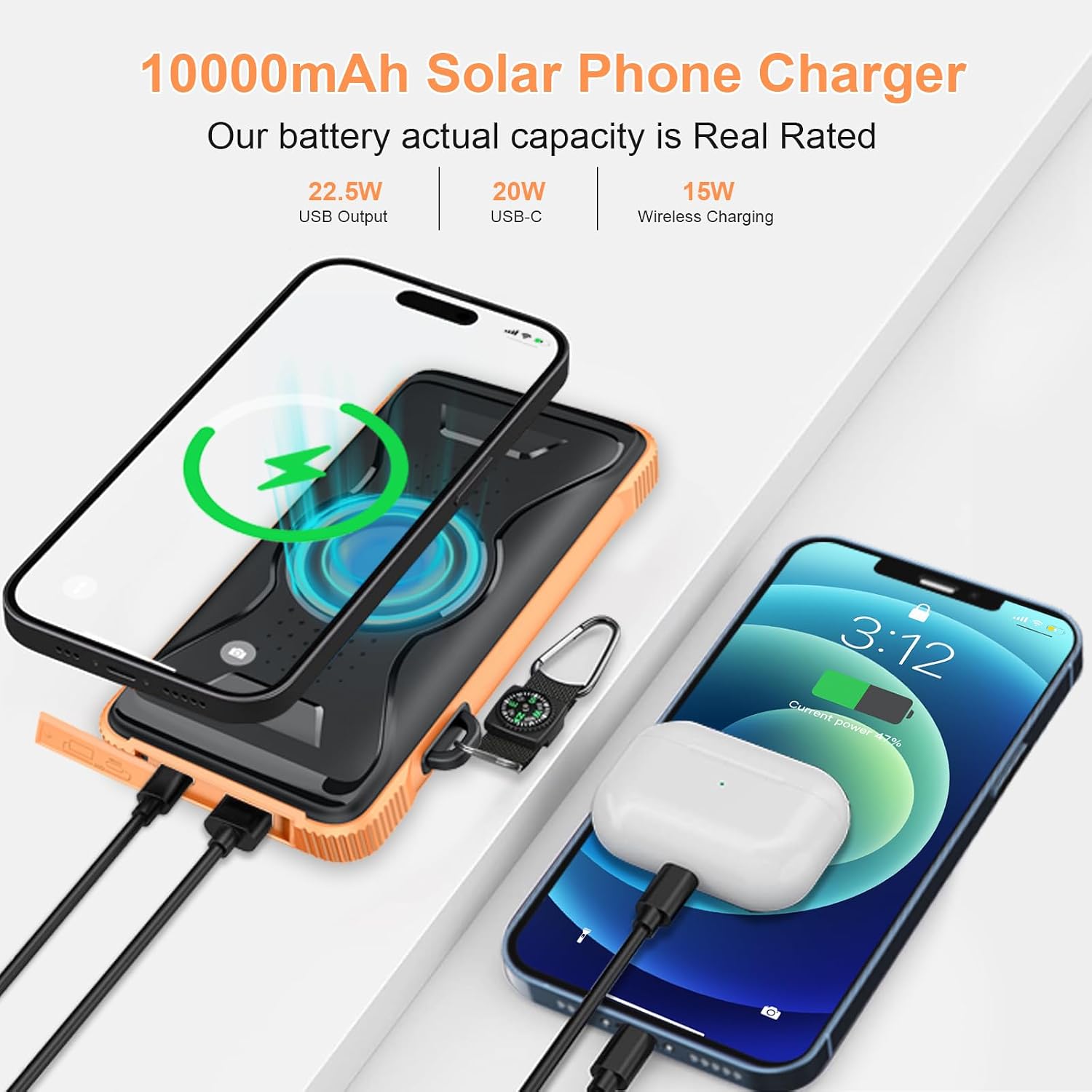Solar Power Bank, Real Rated 10,000mAh Portable Wireless Fast Charger USB C PD 20W, External Battery Pack with LED Flashlight for Outdoor, Camping Orange Image 2