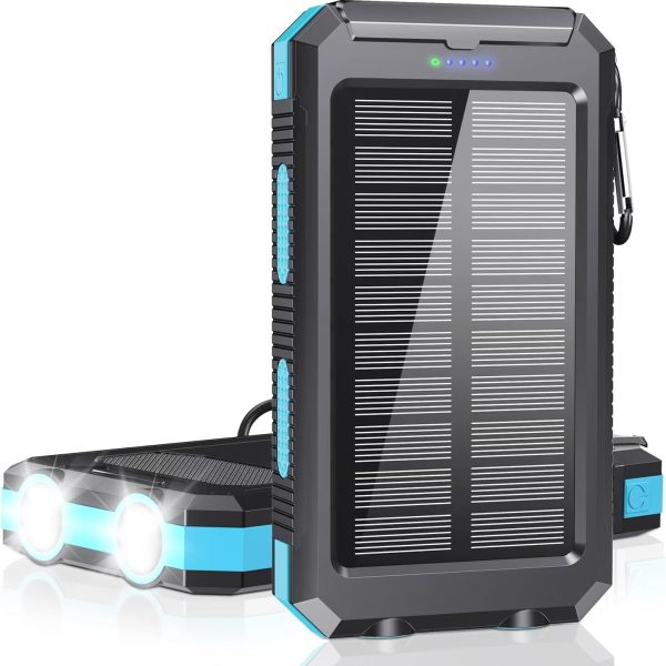 Solar Charger Power Bank   36800mAh Type C 5V3 1A Fast Charging Power Bank  Equipped with a Powerful Flashlight, Compass, IP65 Outdoor Waterproof Portable Power Bank (Blue)