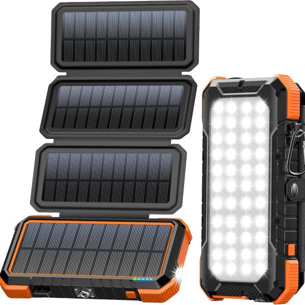 Solar Charger Power Bank, PD 18W Fast Charging 20000mAh Battery Pack with 4 Foldable Panels, Portable Solar Powered USB C Charger with Camping Flashlight Compass Carabiner for Cell Phone