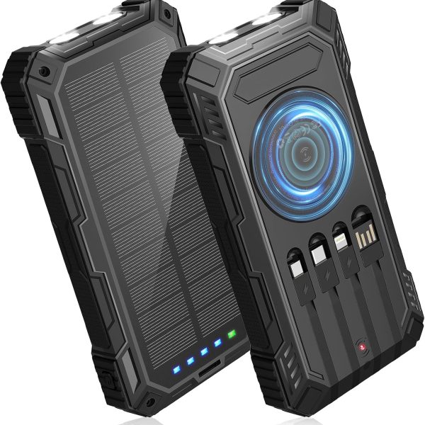 Solar Charger 49800mAh Power Bank   Wireless Portable Phone Charger with 4 Built in Cable,22 5W Fast Charging Battery Pack USB C in/Output for All Cell Phone iPhone,Galaxy,Android,Etc(Black)