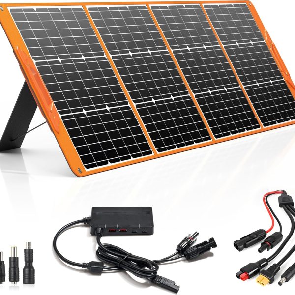 200 Watt Portable Solar Panel for Power Station Generator, 18V IP65 Waterproof 4 Kickstands Foldable Solar Panel, Solar Charger with MC4 Cable and USB Outputs for Outdoor Trip RV Camping Off Grid