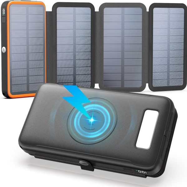 Solar Charger Power Bank, 27000mAh Wireless Portable Charger with 4 Solar Panels, 22 5W Fast Charging Battery Pack USB C in/Output PD+3 0 Portable Power Bank for All Cell Phones