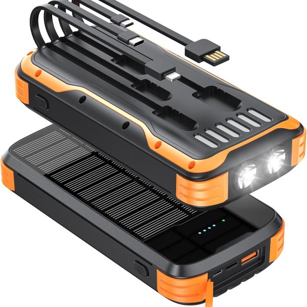 Solar Power Bank Charger, 40000mAh Portable Phone Charger Built in 4 Cables with USB C in/Output, PD 20W Fast Charging External Batter, External Battery Pack with Dual Bright Flashlights