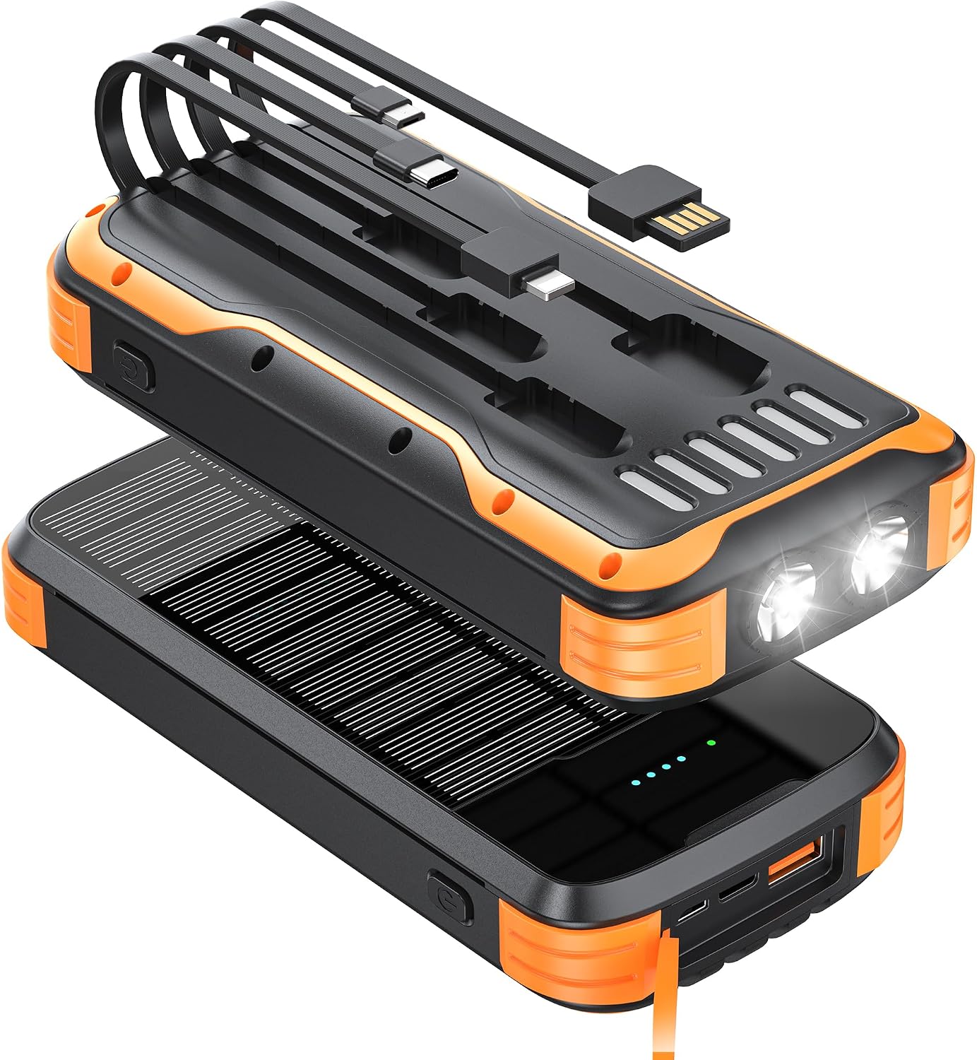 Solar Power Bank Charger, 40000mAh Portable Phone Charger Built in 4 Cables with USB C in/Output, PD 20W Fast Charging External Batter, External Battery Pack with Dual Bright Flashlights