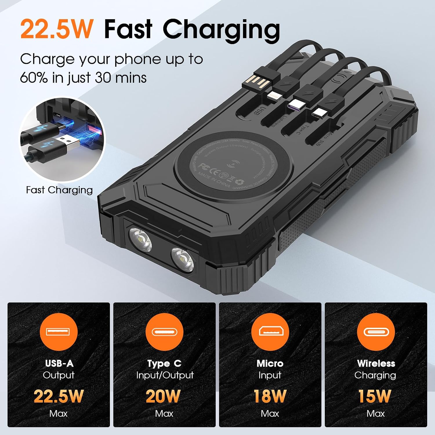 Solar Charger 49800mAh Power Bank Wireless Portable Phone Charger with 4 Built in Cable,22 5W Fast Charging Battery Pack USB C in/Output for All Cell Phone iPhone,Galaxy,Android,Etc(Black) Image 2