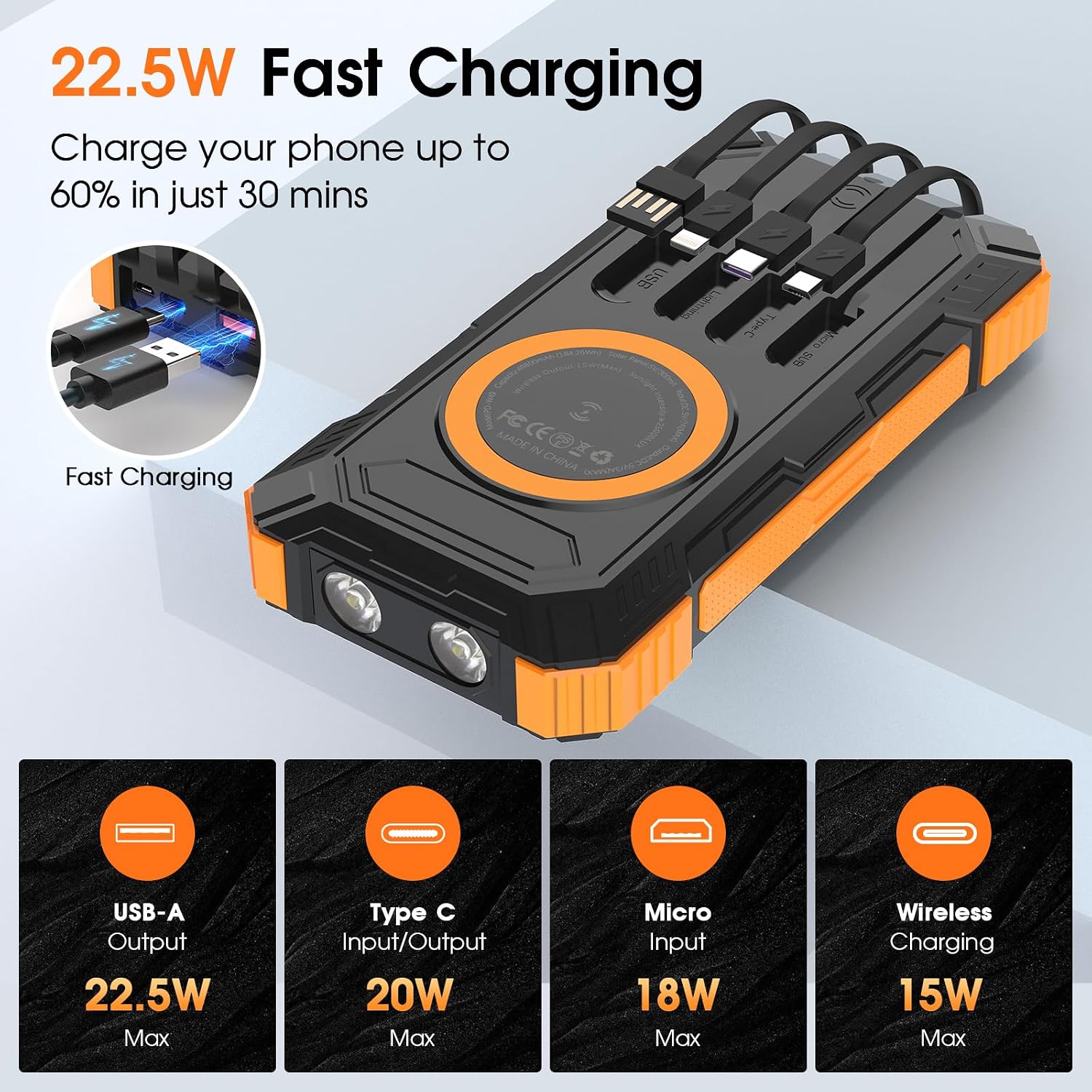 Power Bank Solar Charger,49800mAh Wireless Portable Charger with 4 Built in Cables,22 5W Fast Charging Battery Pack USB C in/Output PD+3 0 Portable Power Bank for All Cell Phones Image 2