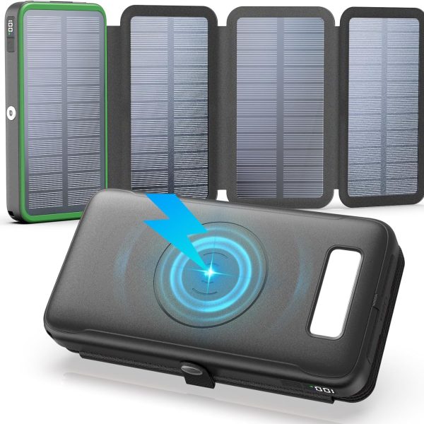 Solar Power Bank Wireless Charger: 27000mAh Power Bank with 4 Solar Panels PD+ 4 0 Portable Charger 22 5W Fast Charging External Battery Pack with USB C in/Output for All Cell Phones(Green)