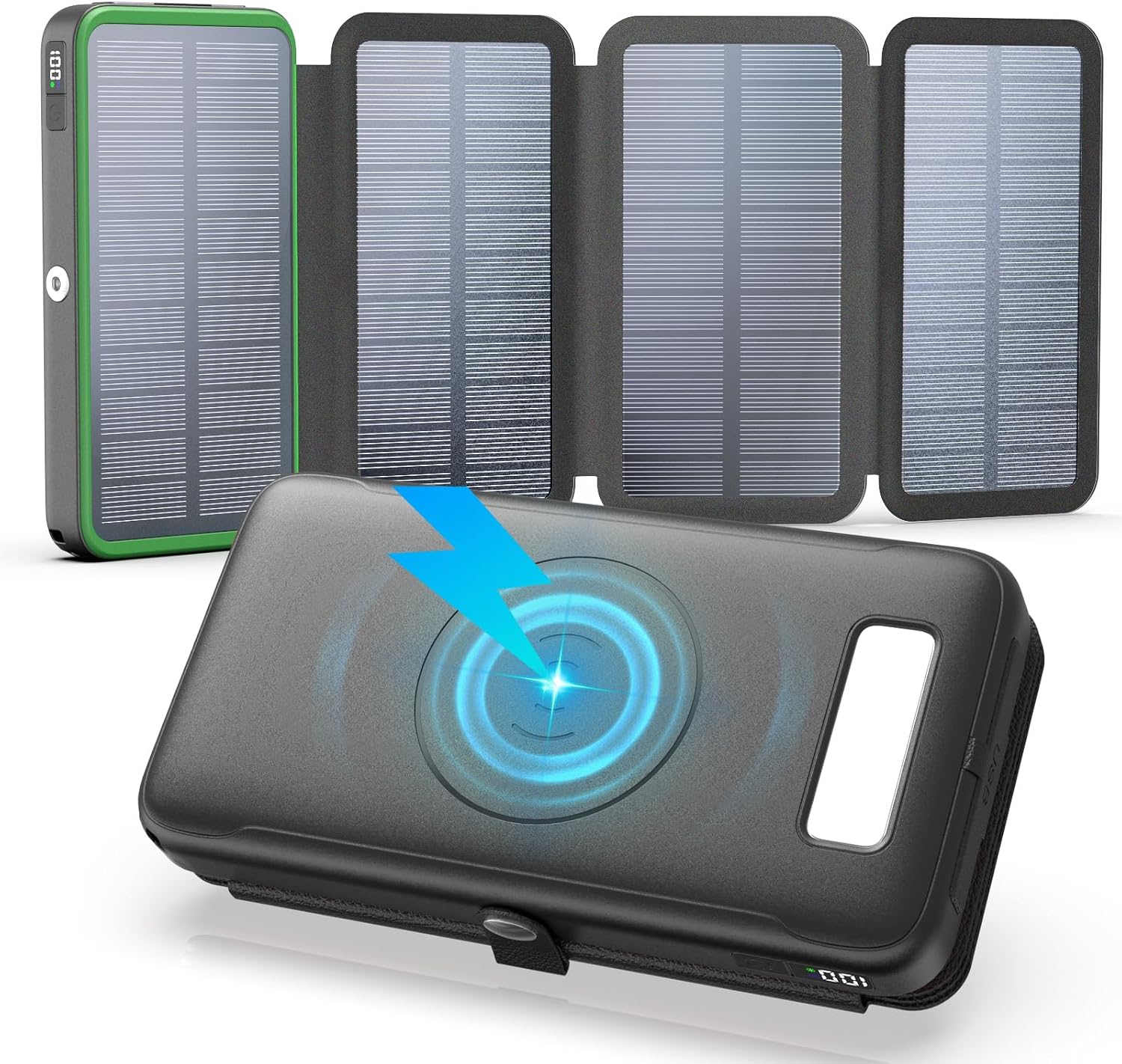 Solar Power Bank Wireless Charger: 27000mAh Power Bank with 4 Solar Panels PD+ 4 0 Portable Charger 22 5W Fast Charging External Battery Pack with USB C in/Output for All Cell Phones(Green)