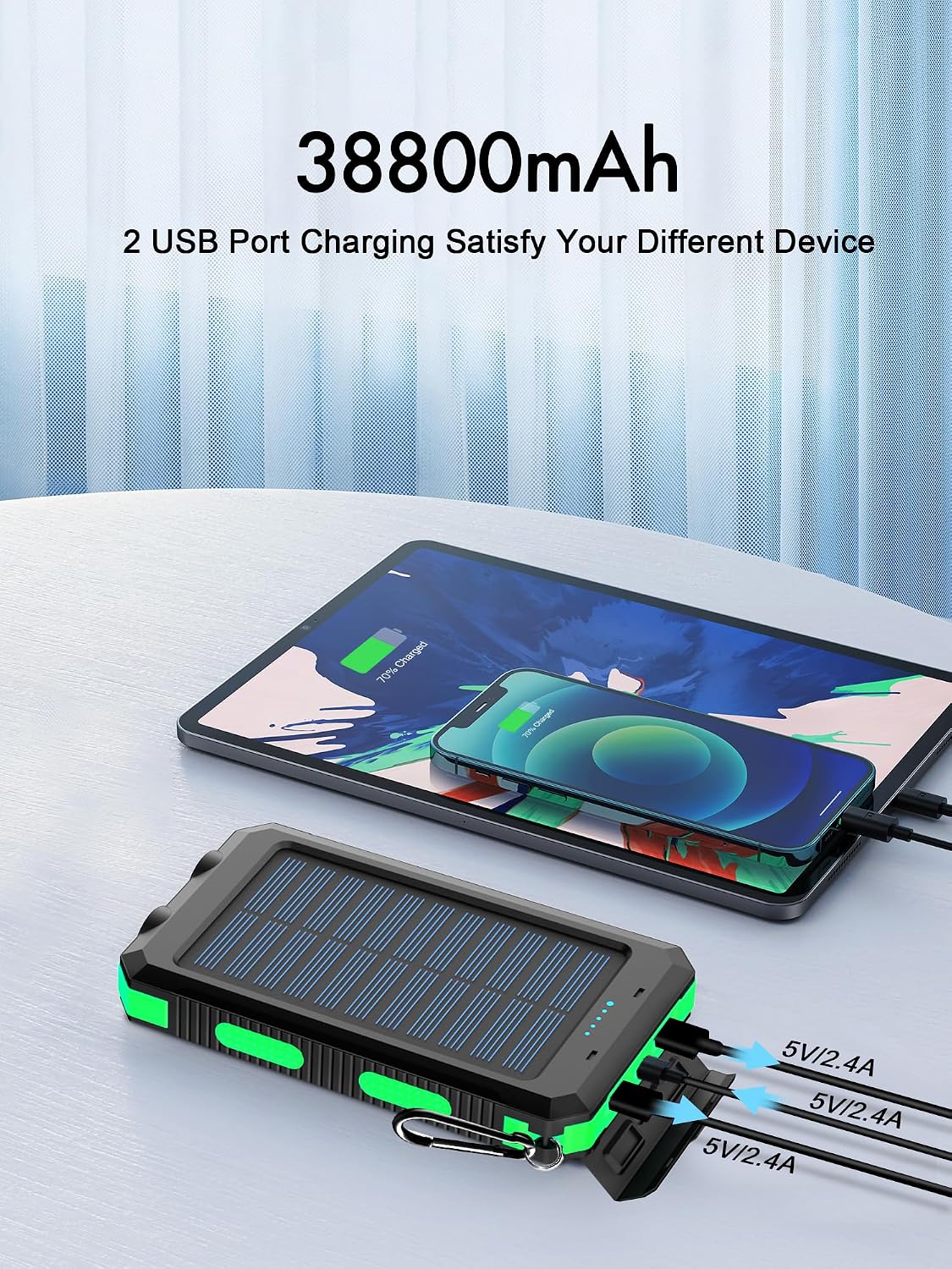 Solar Charger Power Bank Portable Solar Phone Charger with LED Flashlight, IP65 Waterproof External Battery Pack Perfect for Outdoor Activities (Green) Image 2