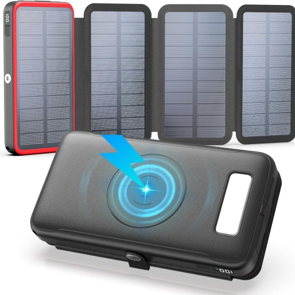 Power Bank Solar Charger 27000mAh Wireless Portable Charger with USB C in/Output, PD+ 4 0 External Battery Pack with 4 Solar Panels, 22 5W Fast Charging Power Bank for All Cell Phones(Red)