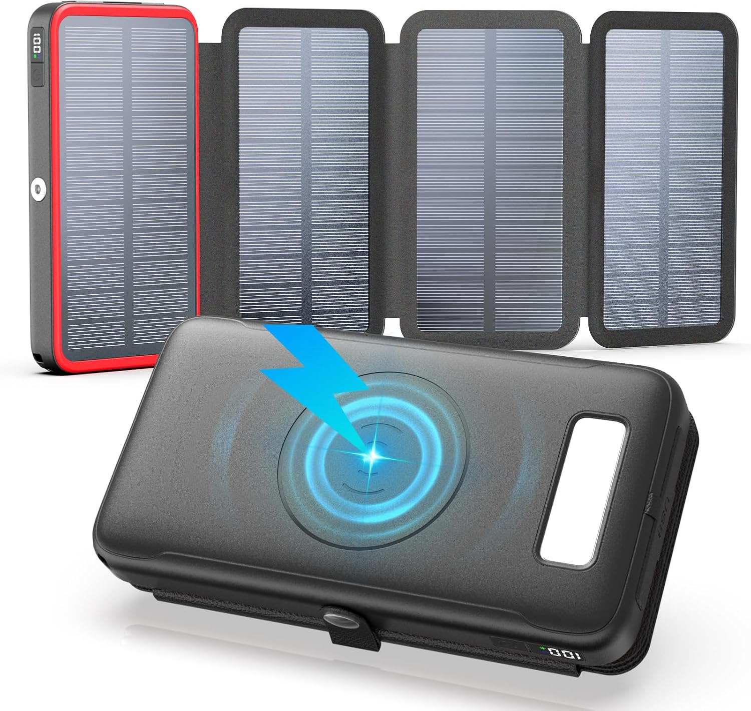 Power Bank Solar Charger 27000mAh Wireless Portable Charger with USB C in/Output, PD+ 4 0 External Battery Pack with 4 Solar Panels, 22 5W Fast Charging Power Bank for All Cell Phones(Red)