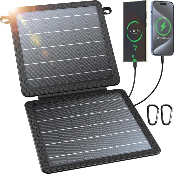 10W Portable Solar Charger(5V/2A Max), ll Foldable Solar Panel with USB C USB A Outputs Compatible with Cell Phone Tablet, IPX4 Waterproof for Camping, Hiking, Backpacking